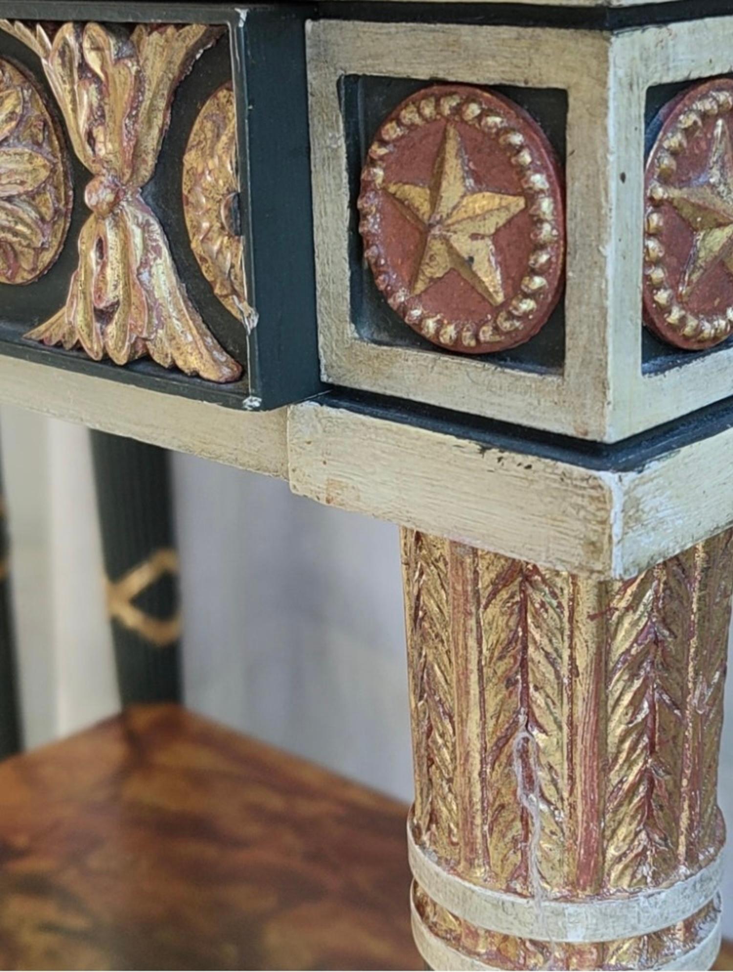 Beautiful pair of hand painted bedside tables, with beatiful neocassical desing painted in grey, green and giltwood,the top, as well as a shelf are painted imitating marble, according to the Classic models, the drawer is concealed in a front