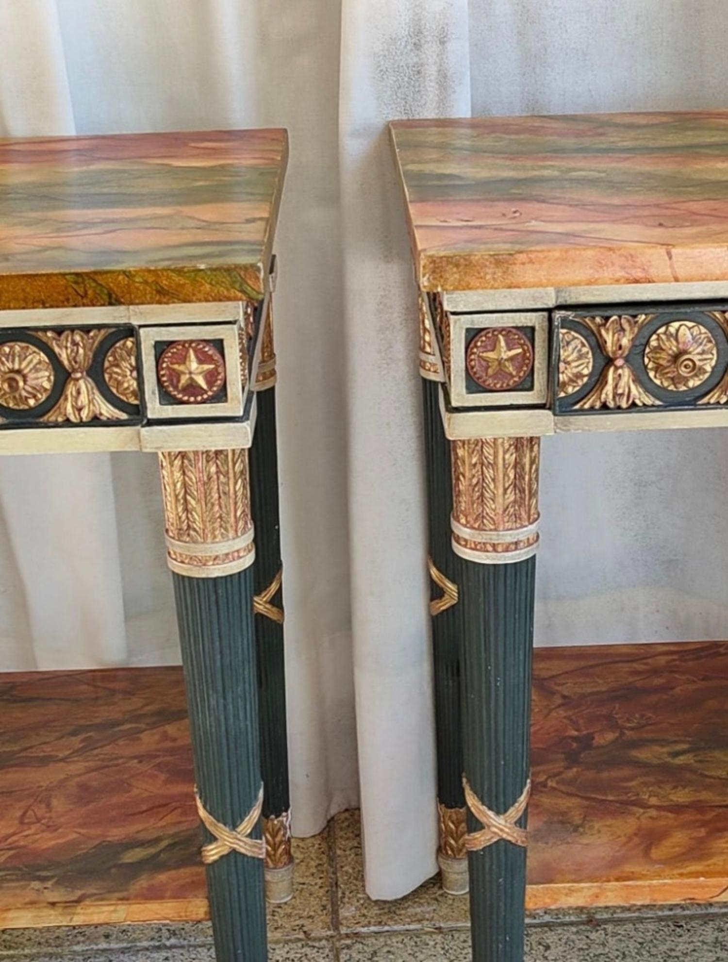 Spanish Pair of 20th Century Neoclassical Hand Painted One Drawer Side Tables For Sale