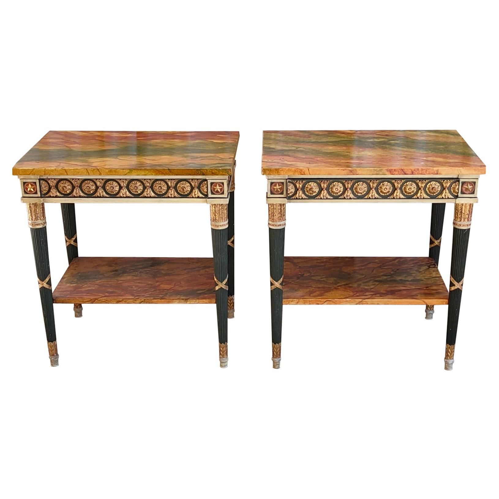 Pair of 20th Century Neoclassical Hand Painted One Drawer Side Tables