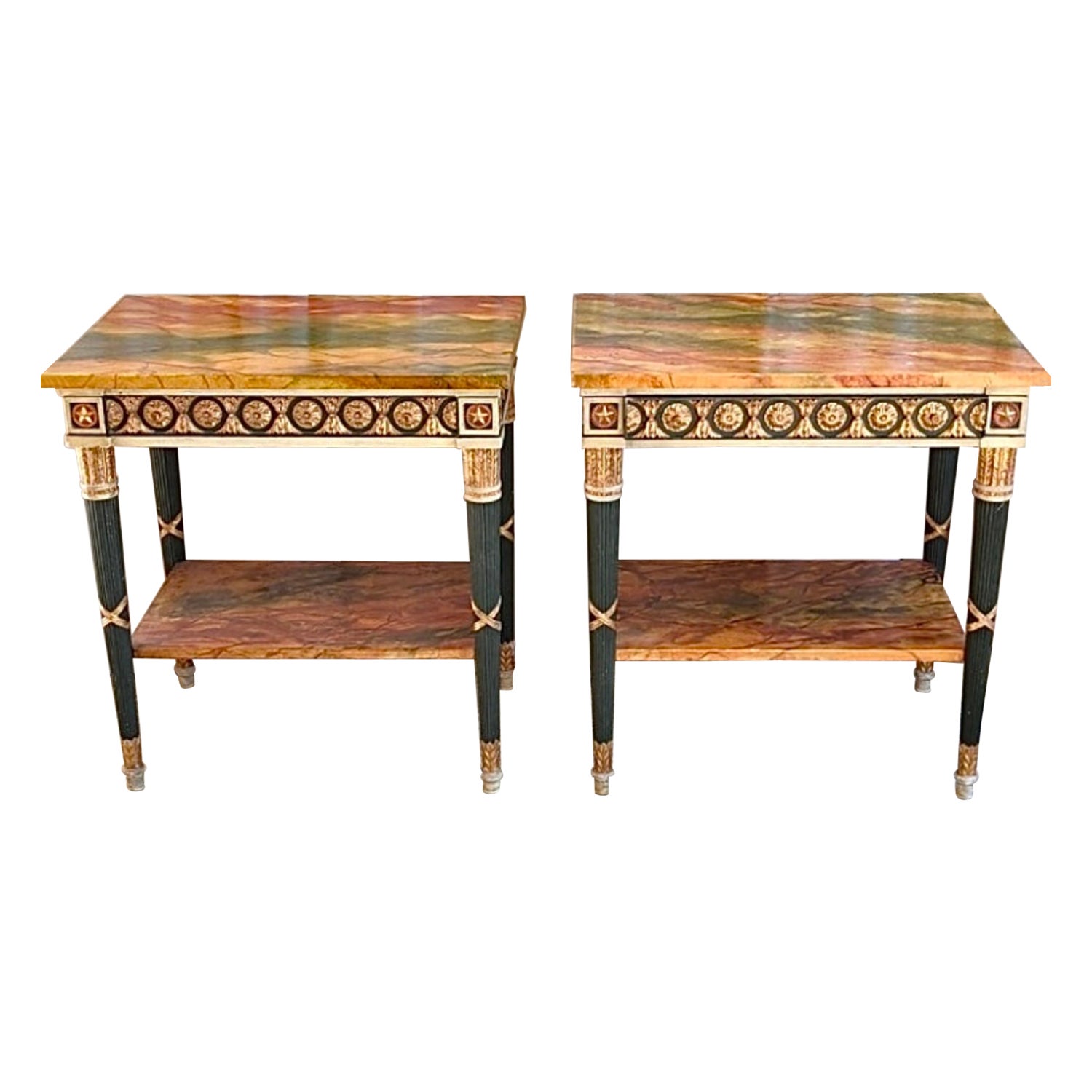Pair of 20th Century Neoclassical Hand Painted One Drawer Side Tables