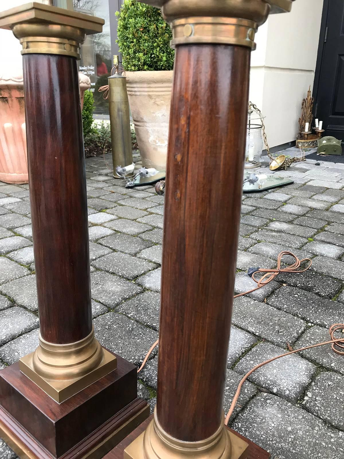 Pair of 20th Century Neoclassical Large Brass-Mounted Wooden Column Lamps In Good Condition In Atlanta, GA