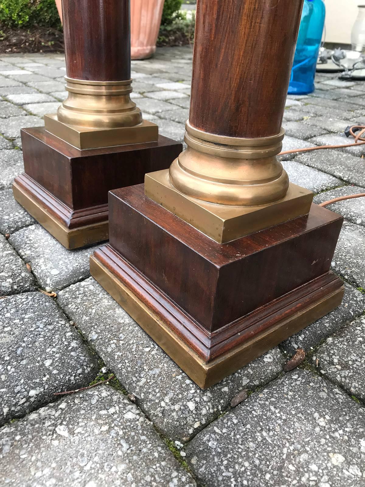 Pair of 20th Century Neoclassical Large Brass-Mounted Wooden Column Lamps 1