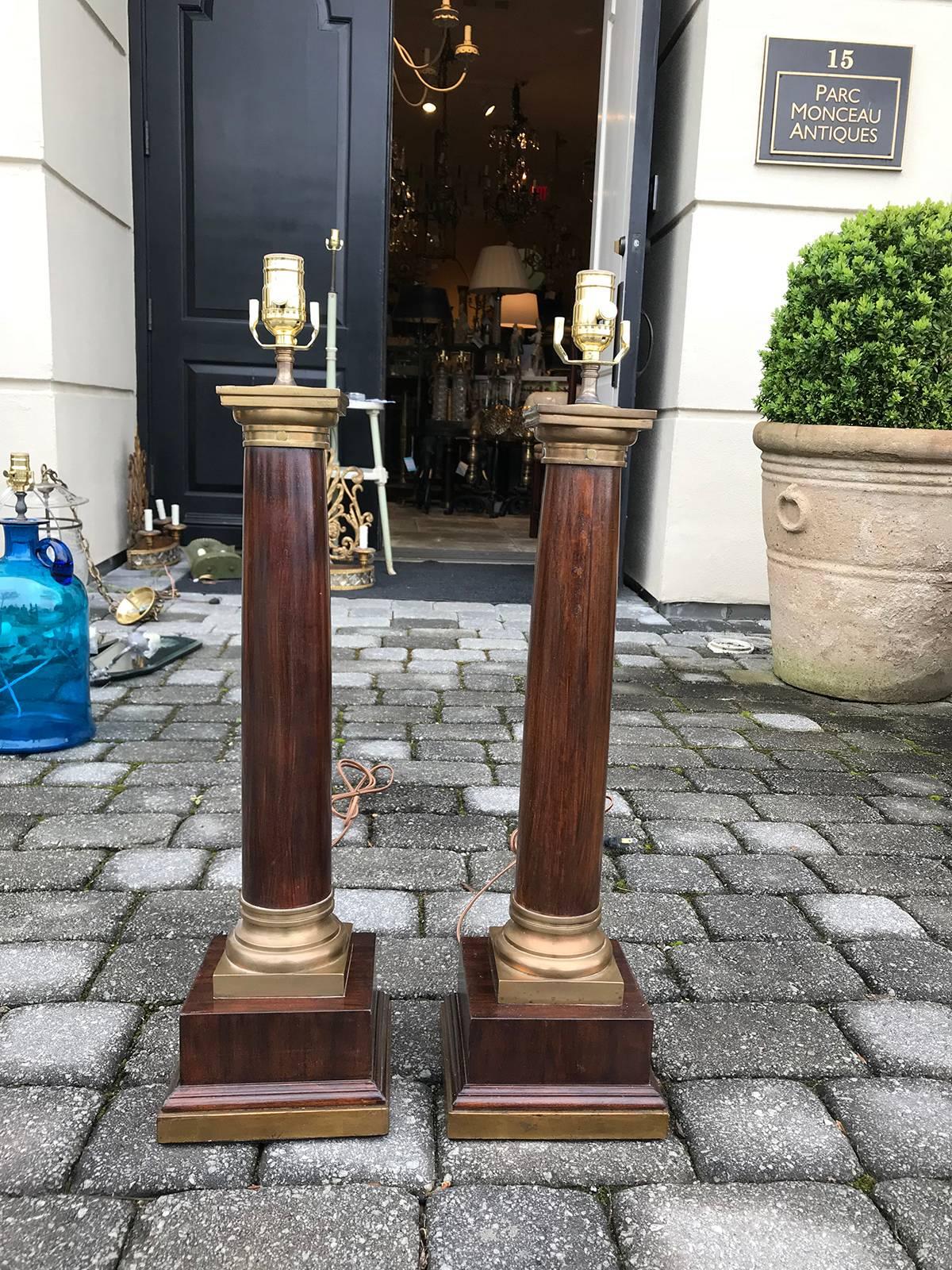 Pair of 20th Century Neoclassical Large Brass-Mounted Wooden Column Lamps 4