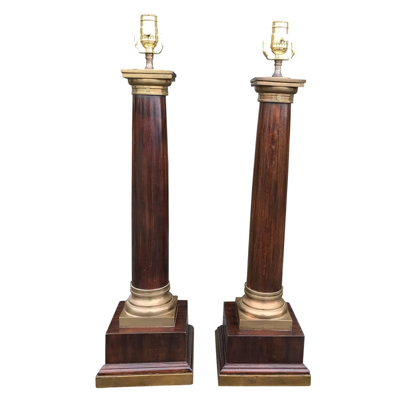 Pair of 20th Century Neoclassical Large Brass-Mounted Wooden Column Lamps