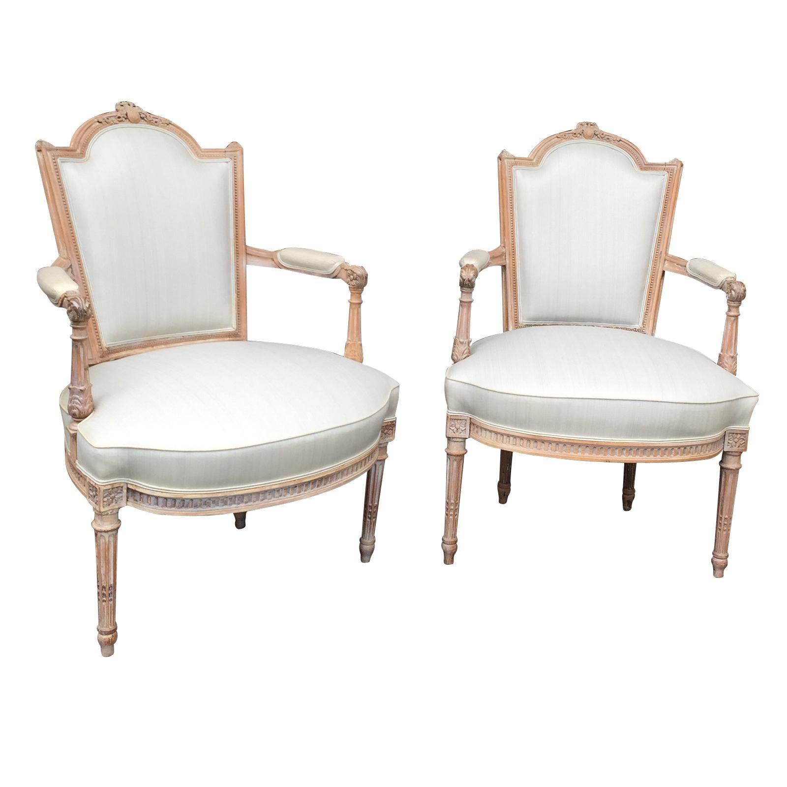 Pair of 20th Century Neoclassical Louis XVI Style Open Armchairs For Sale