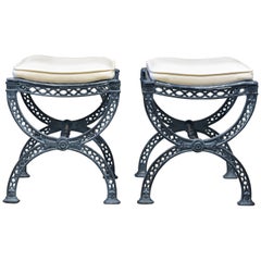 Pair of 20th Century Neoclassical Patinated Cast Iron Curule Style Benches