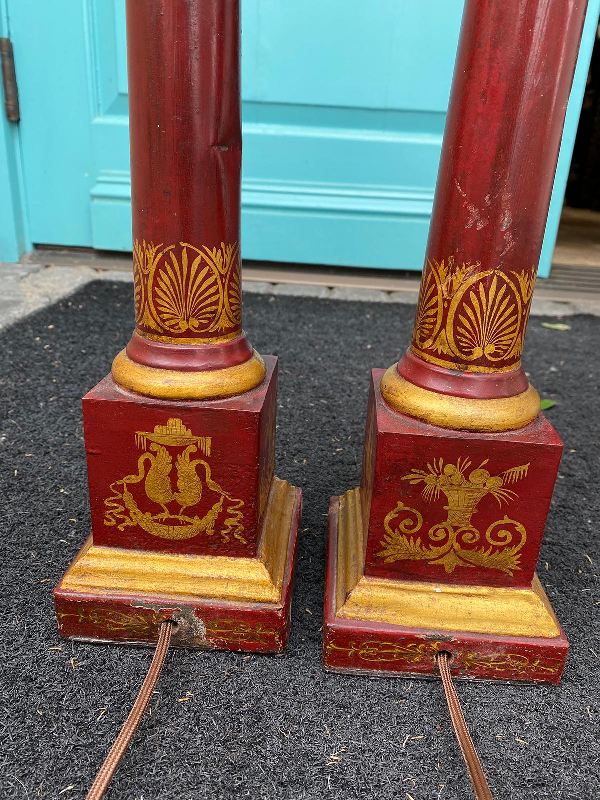 Pair of 20th Century Neoclassical Red Tole Column Lamps 5