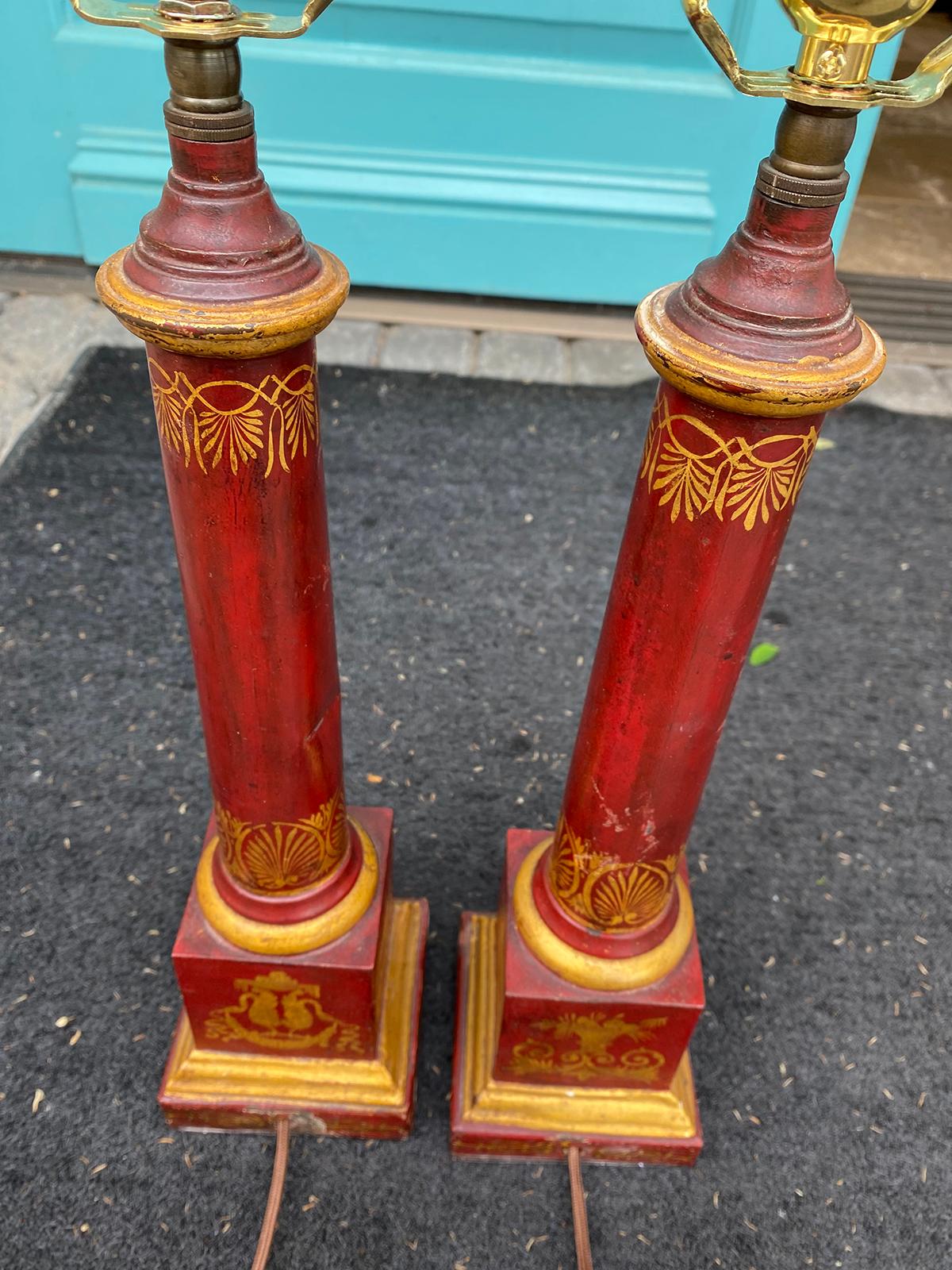 Pair of 20th Century Neoclassical Red Tole Column Lamps 6
