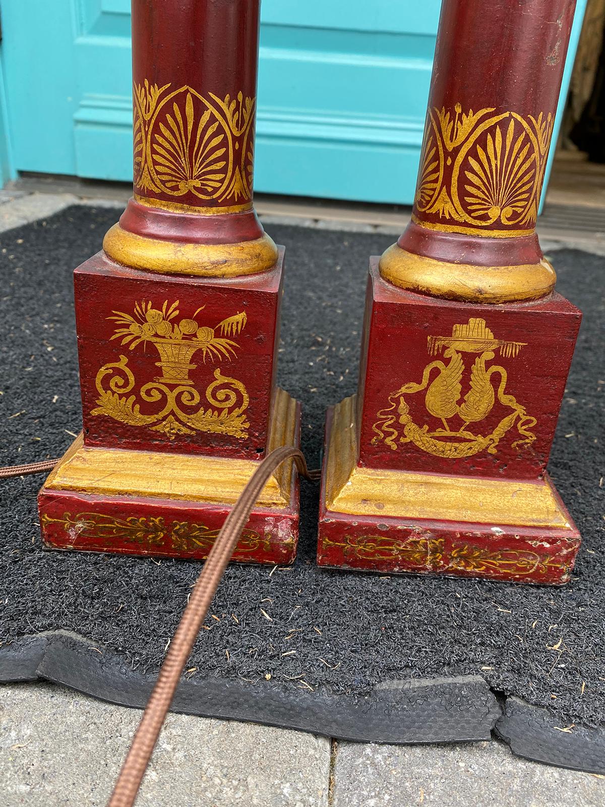 Pair of 20th Century Neoclassical Red Tole Column Lamps 7
