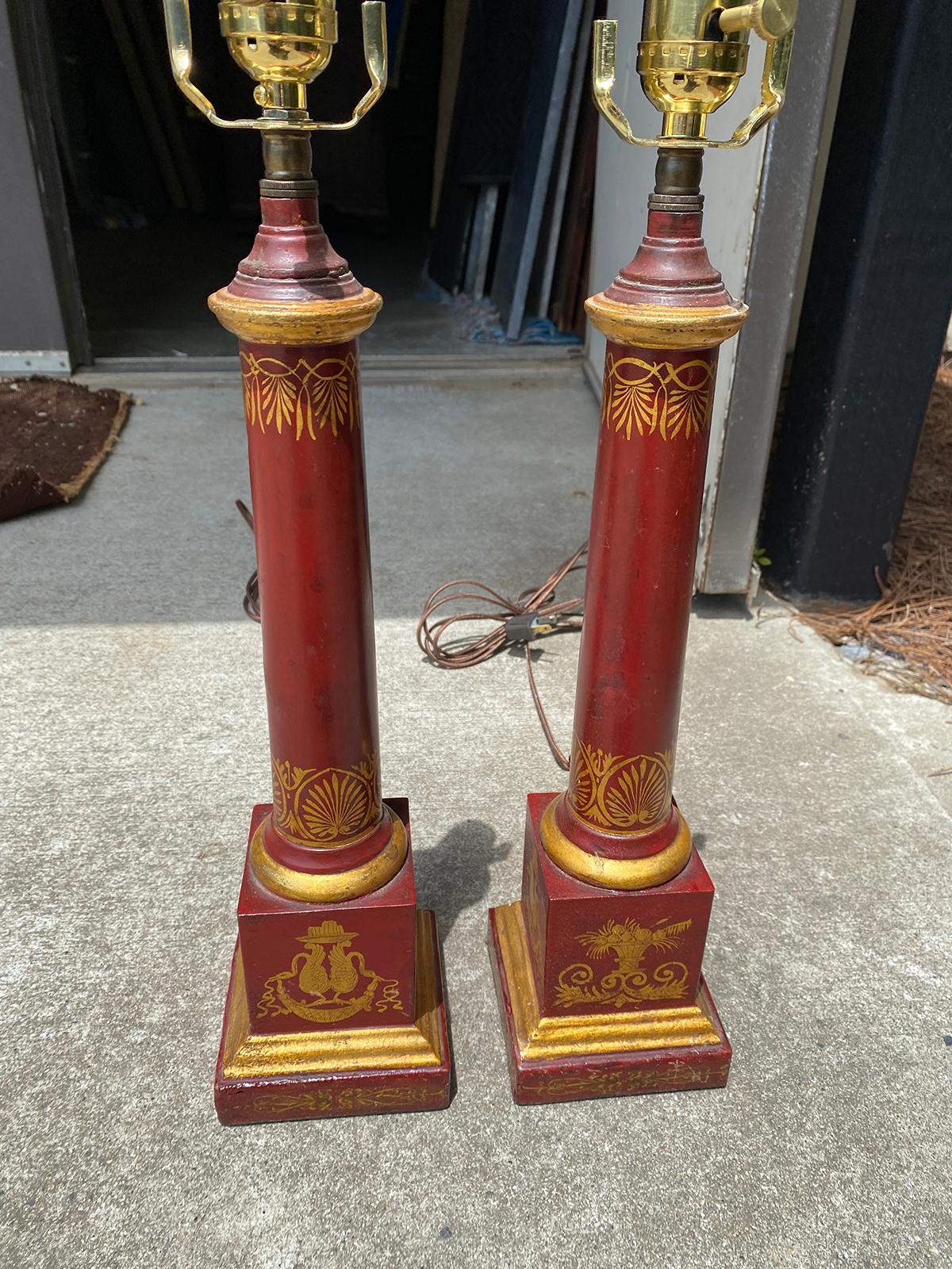 Pair of 20th Century Neoclassical Red Tole Column Lamps 8