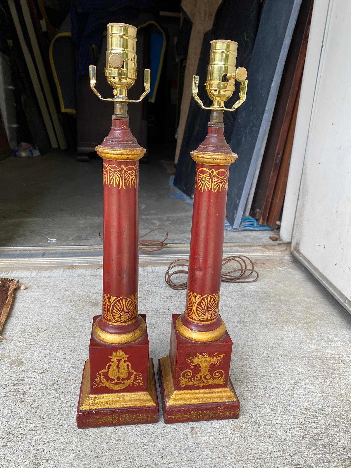 Pair of 20th Century Neoclassical Red Tole Column Lamps 9