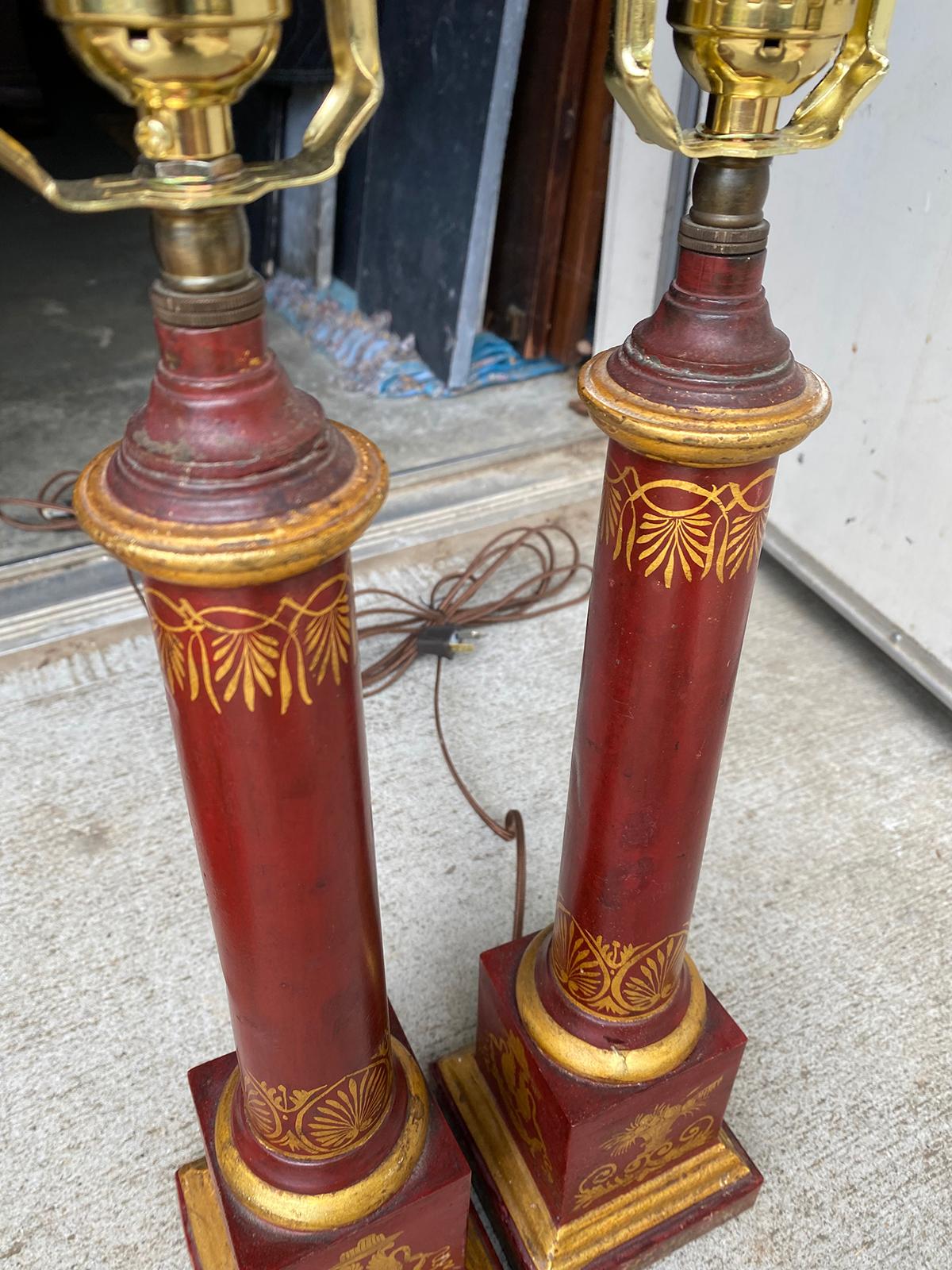 Pair of 20th Century Neoclassical Red Tole Column Lamps 10