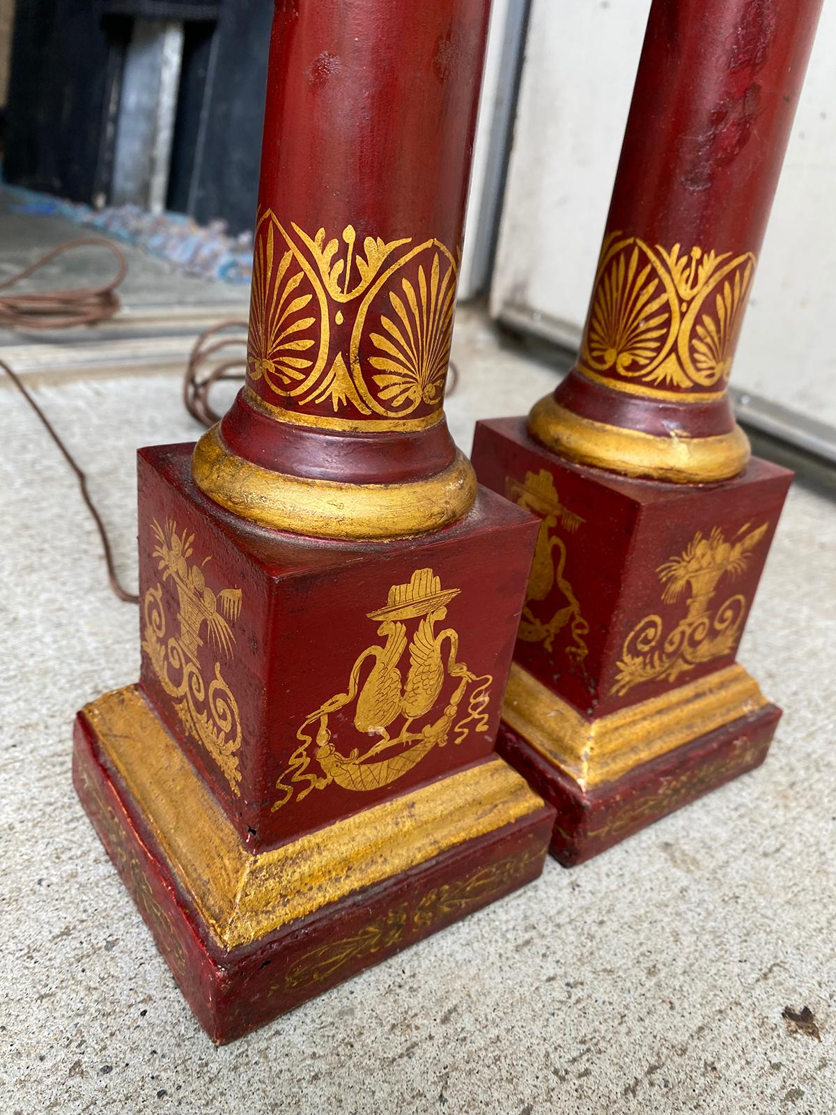 Pair of 20th Century Neoclassical Red Tole Column Lamps 11