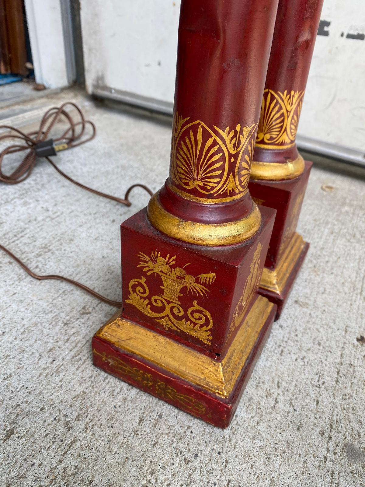 Pair of 20th Century Neoclassical Red Tole Column Lamps 12