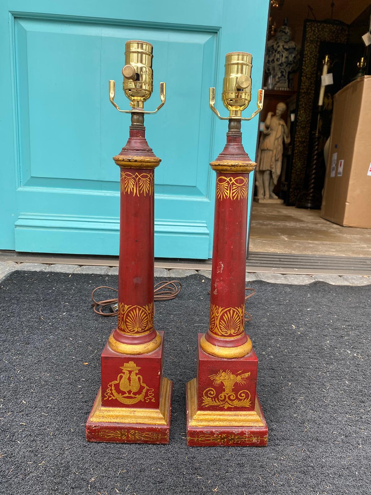 Pair of 20th century neoclassical red tole column lamps
New wiring.
