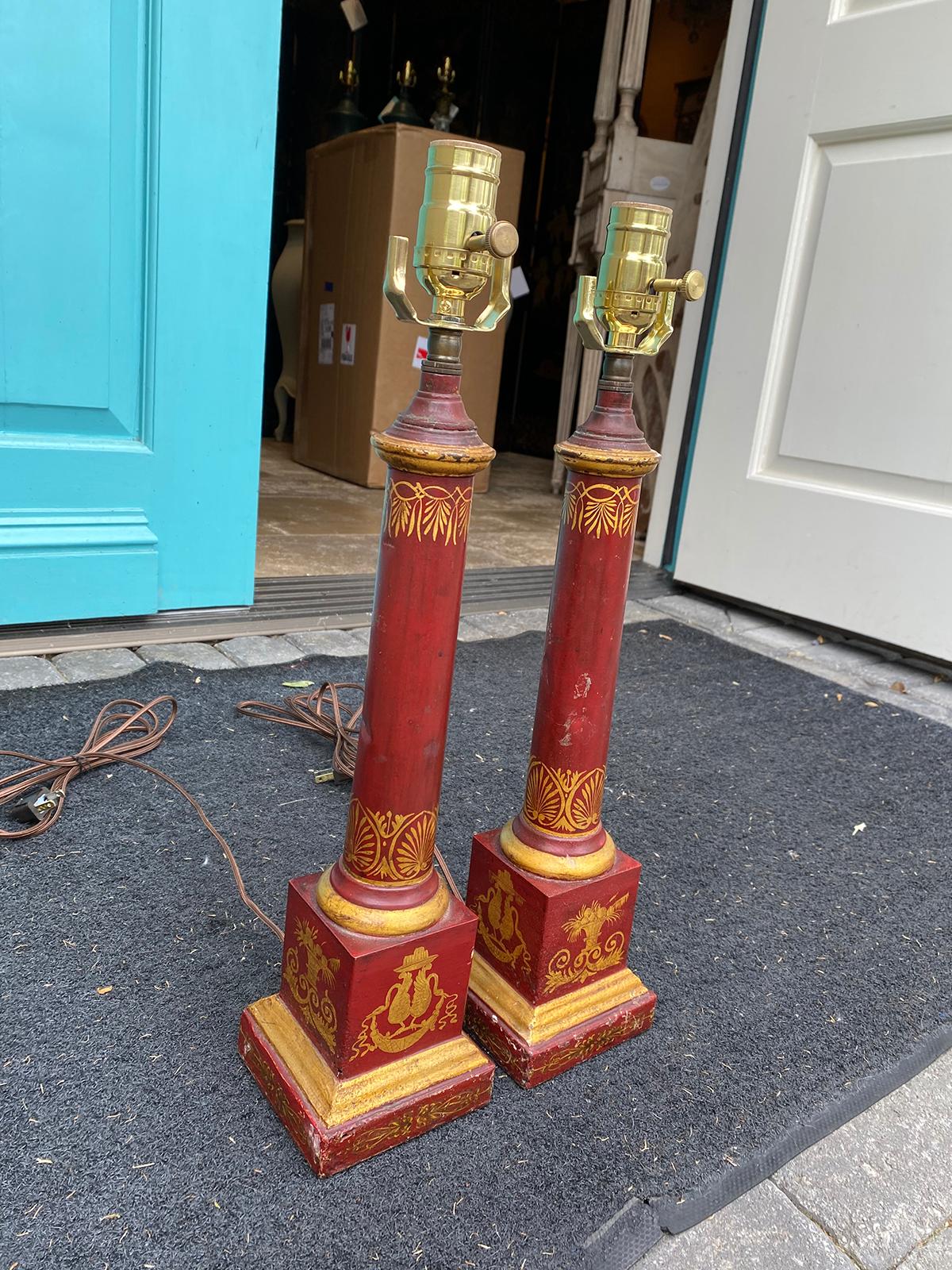 Painted Pair of 20th Century Neoclassical Red Tole Column Lamps