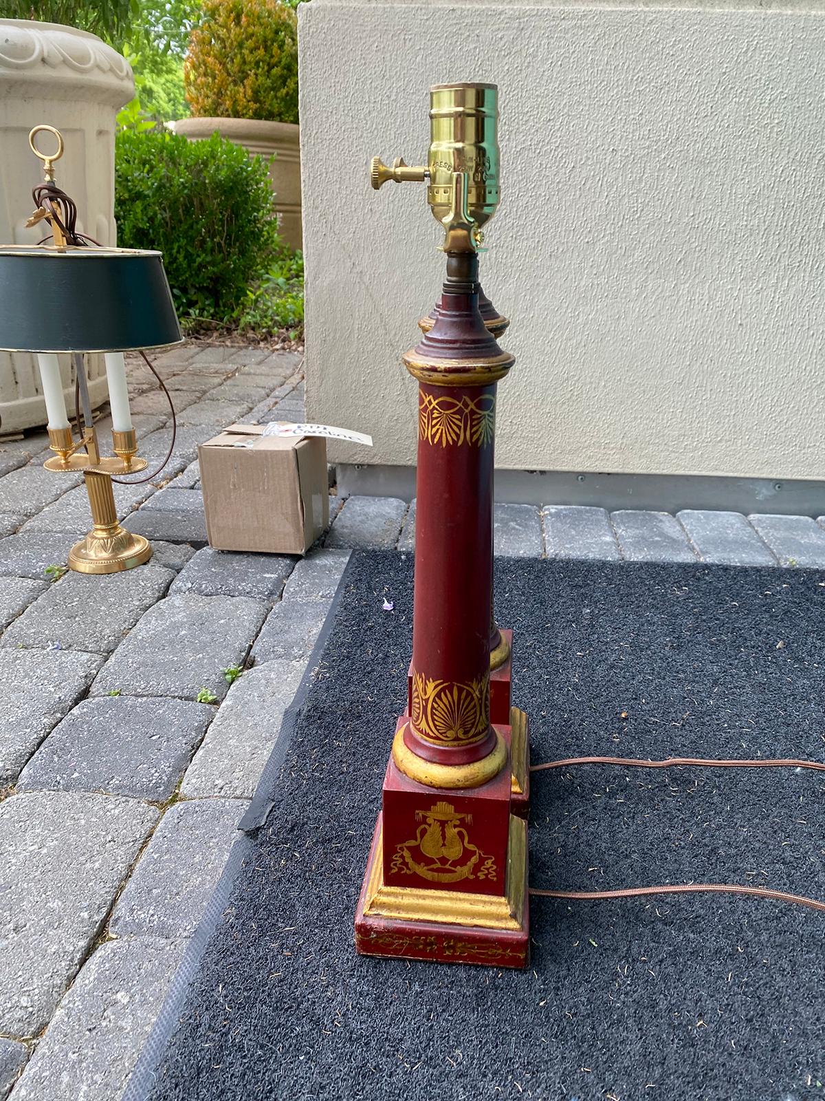 Pair of 20th Century Neoclassical Red Tole Column Lamps In Good Condition In Atlanta, GA