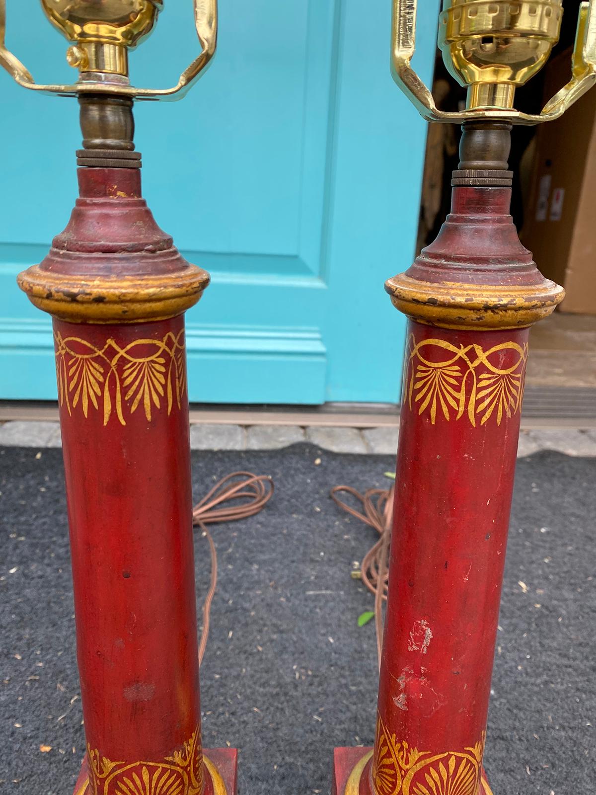 Pair of 20th Century Neoclassical Red Tole Column Lamps 2