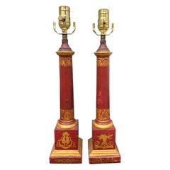 Pair of 20th Century Neoclassical Red Tole Column Lamps