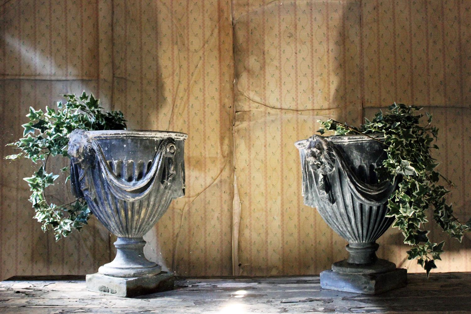 Pair of 20th Century Neoclassical Revival Lead Garden Urns 13
