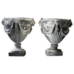 Retro Pair of 20th Century Neoclassical Revival Lead Garden Urns