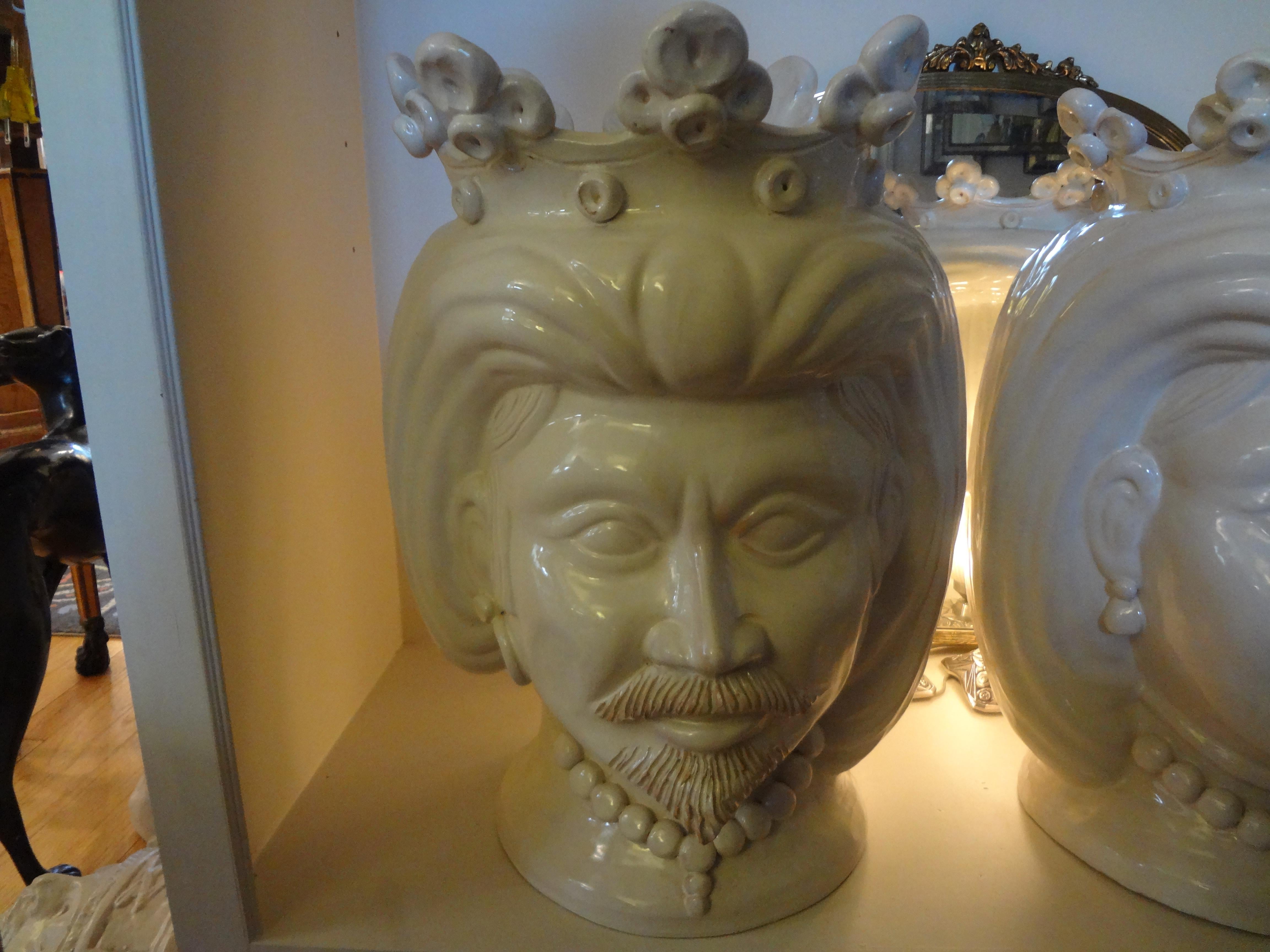 Hollywood Regency Monumental Pair of 20th Century of Italian Glazed Terracotta Bust Jardinières For Sale