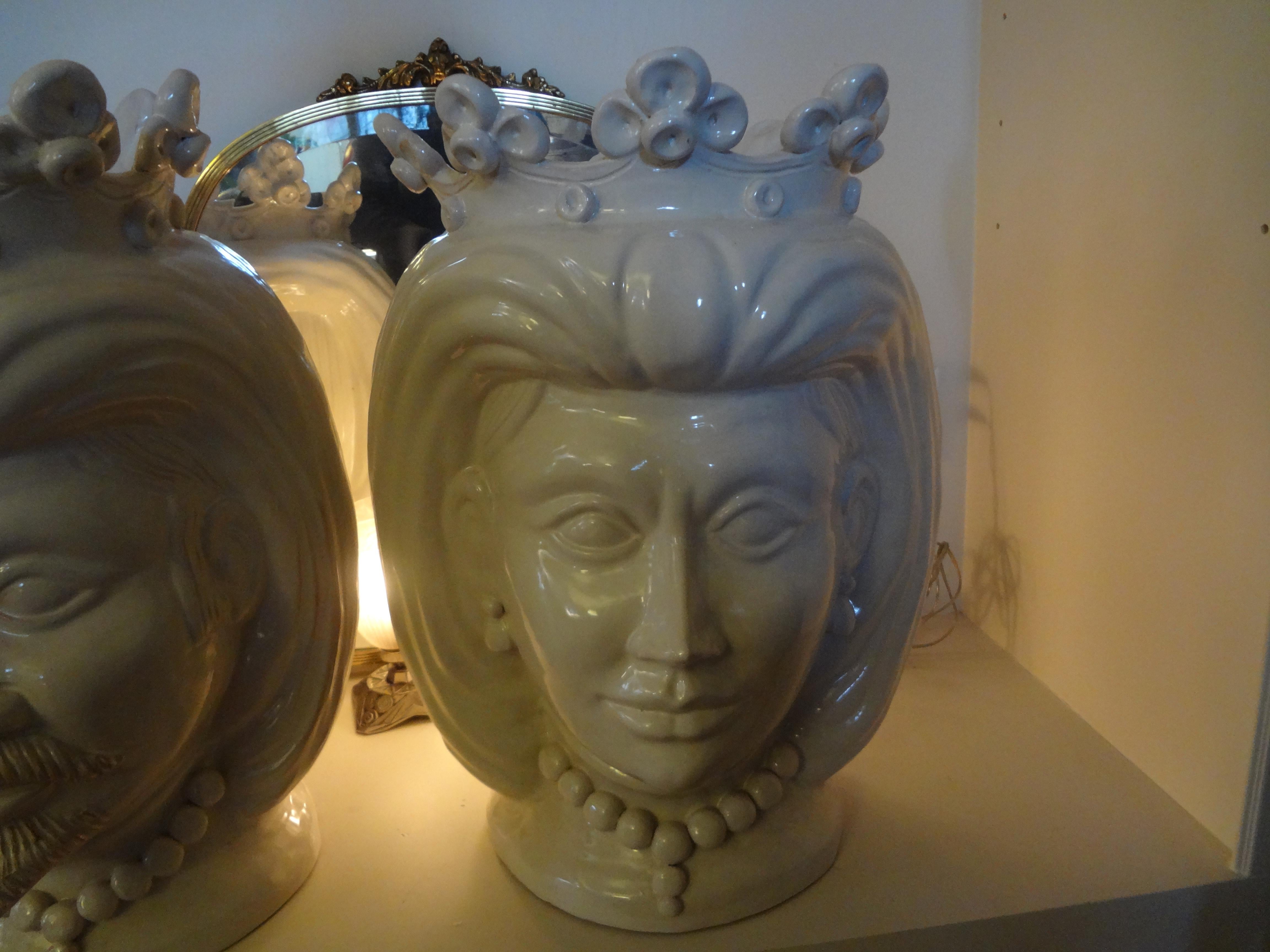 Monumental Pair of 20th Century of Italian Glazed Terracotta Bust Jardinières In Good Condition For Sale In Houston, TX