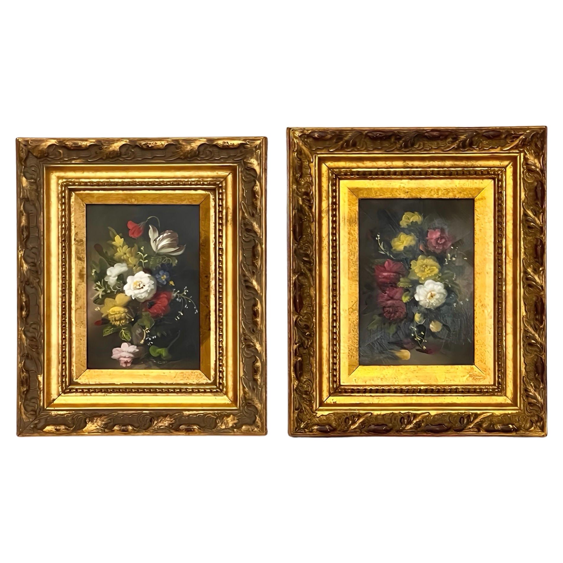 Pair of 20th Century Oil on Board Floral Still Life Paintings in Giltwood Frames in vendita