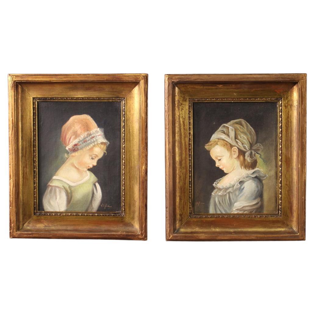 Pair of 20th Century Oil on Canvas Italian Signed Girls Portraits Paintings 1950