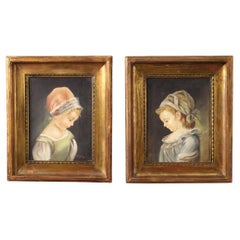 Vintage Pair of 20th Century Oil on Canvas Italian Signed Girls Portraits Paintings 1950