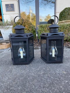 Pair of 20th Century Old Black Over Copper Wall Lanterns with Old Globes