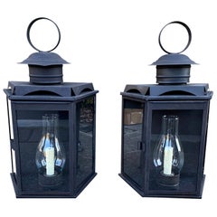 Pair of 20th Century Old Black Over Copper Wall Lanterns with Old Globes