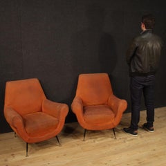 Pair of 20th Century Orange Fabric Italian Design Armchairs, 1960