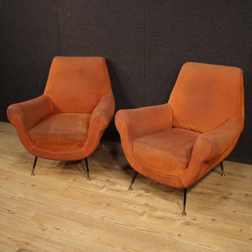 Pair of 20th Century Orange Fabric Italian Design Armchairs, 1960 In Fair Condition In Vicoforte, Piedmont