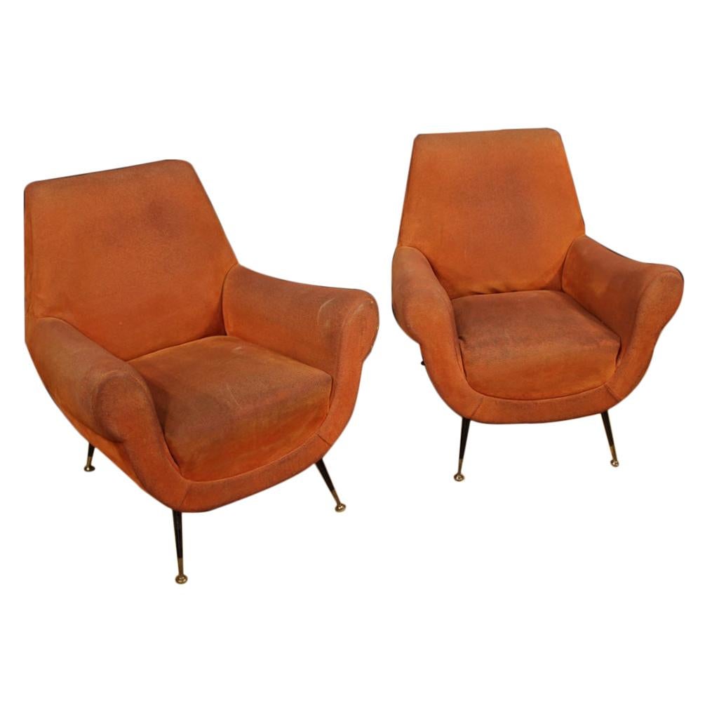 Pair of 20th Century Orange Fabric Italian Design Armchairs, 1960