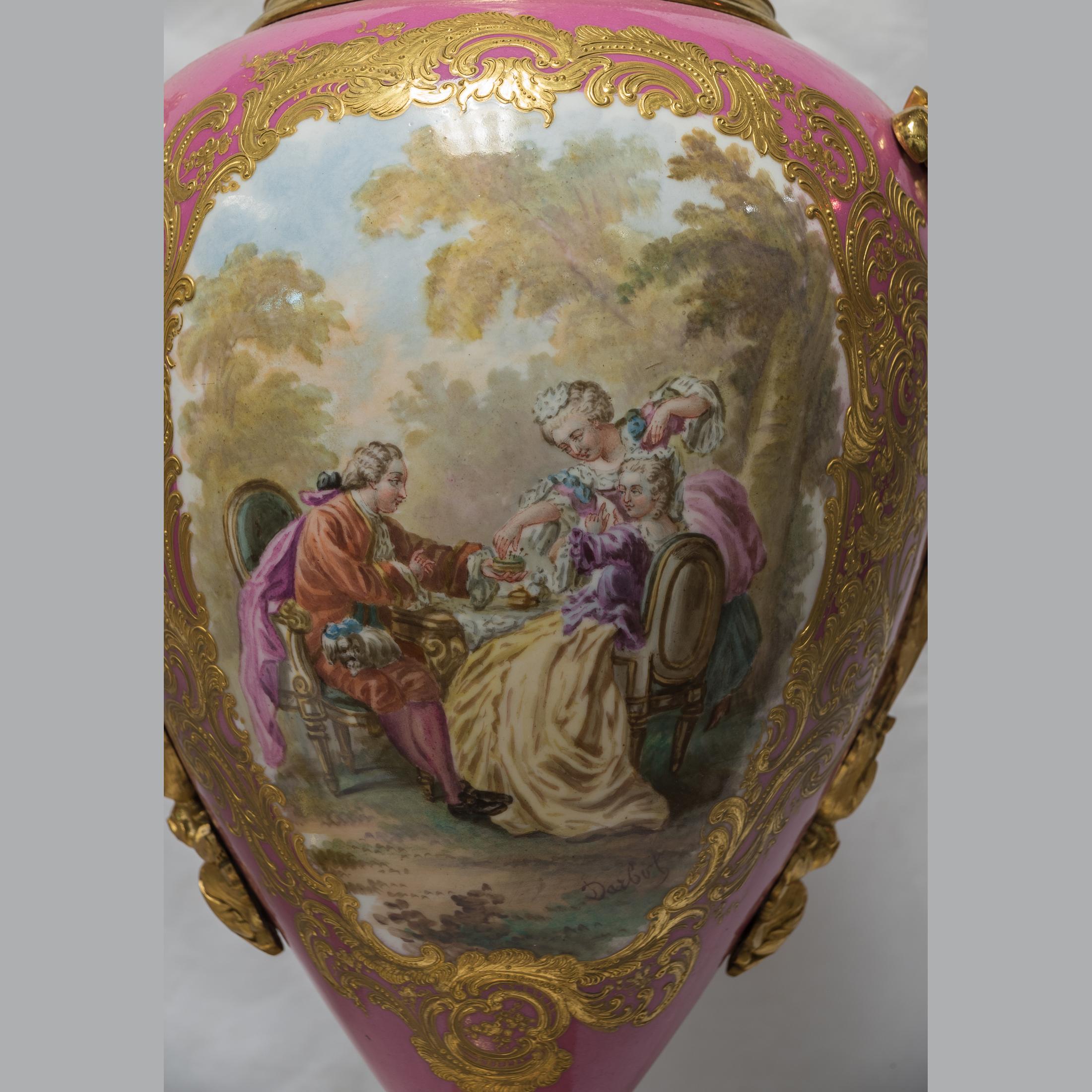 Pair of 20th Century Ormolu Mounted Sèvres Style Porcelain Pink-Ground Vases In Good Condition In New York, NY