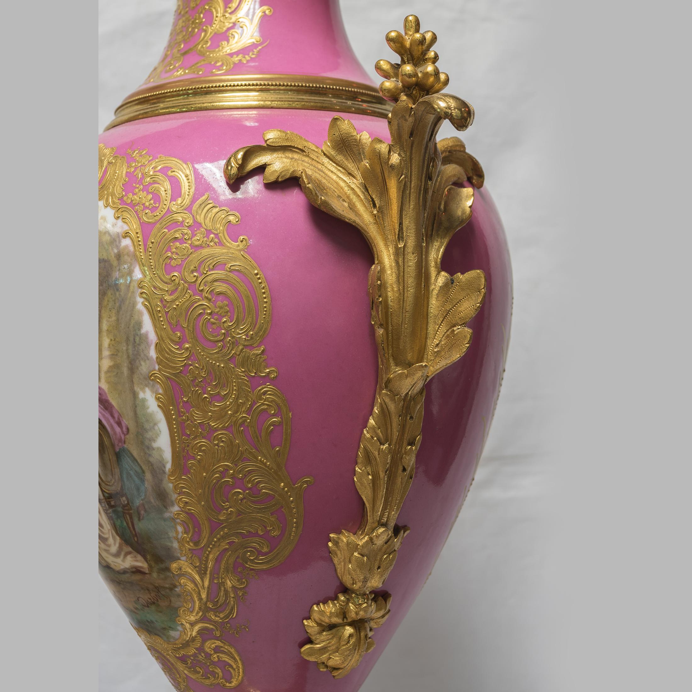 Pair of 20th Century Ormolu Mounted Sèvres Style Porcelain Pink-Ground Vases 1