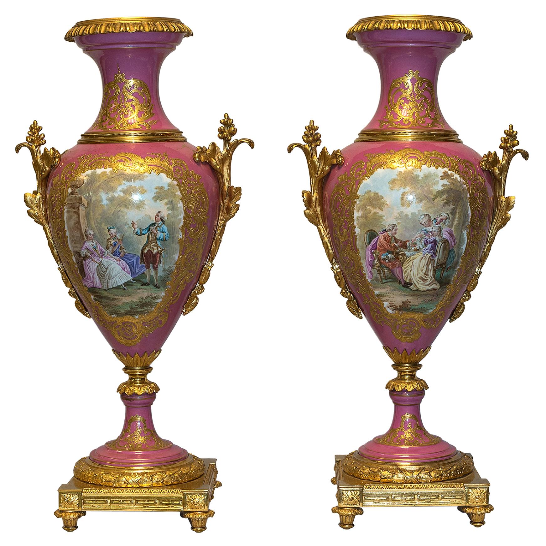 Pair of 20th Century Ormolu Mounted Sèvres Style Porcelain Pink-Ground Vases