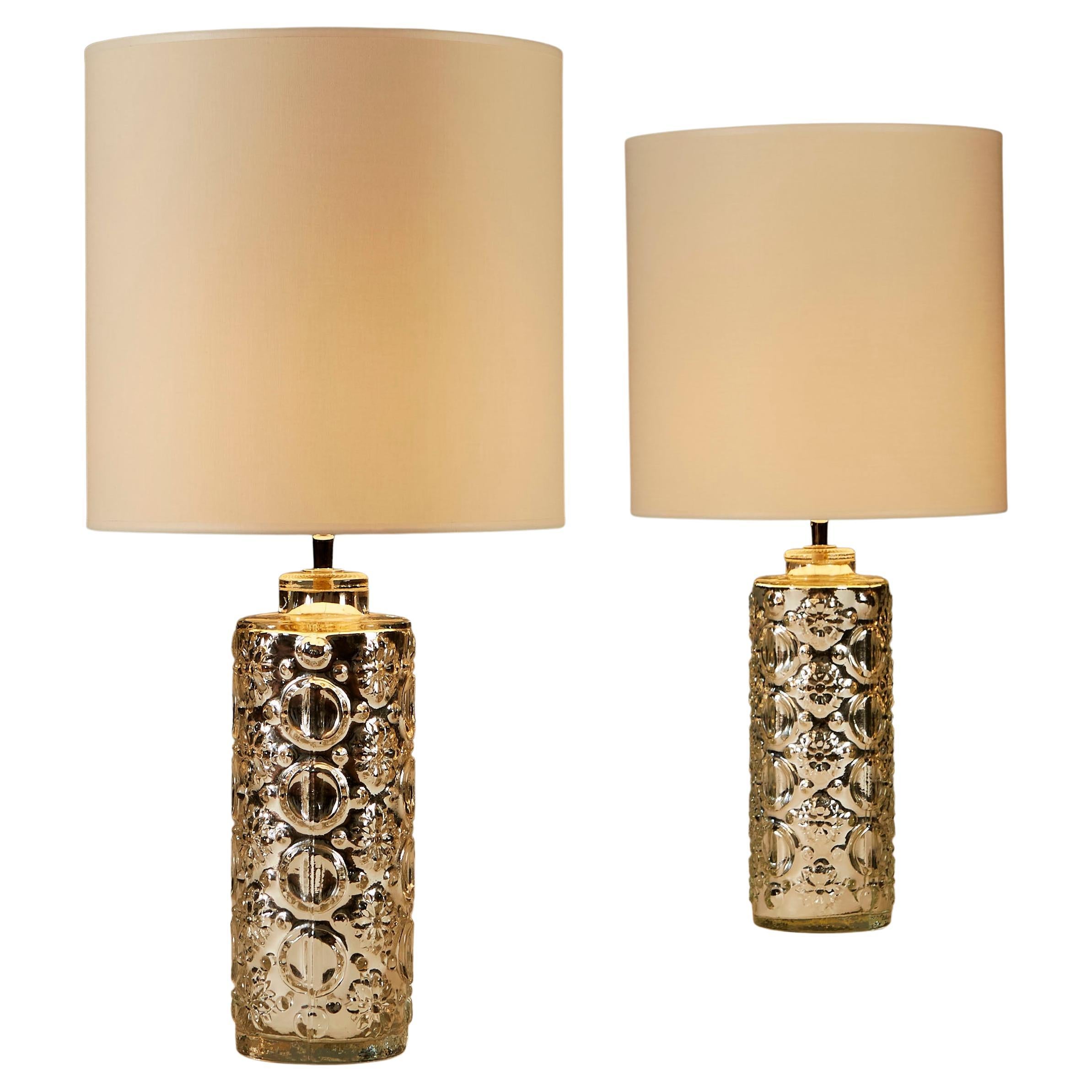 Pair of 20th Century Orrefors Silver Art Glass Table Lamps For Sale