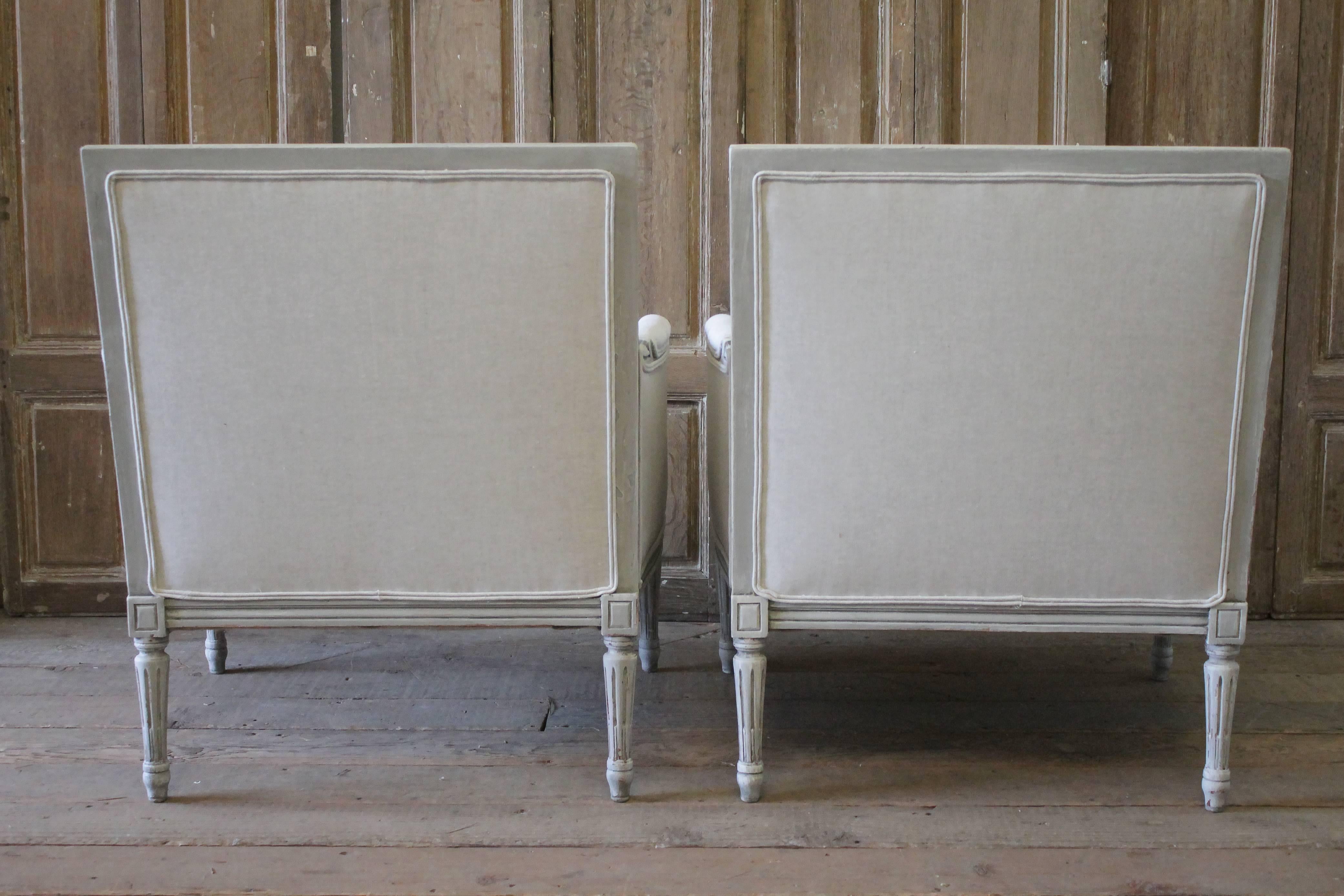 Pair of 20th Century Painted and Upholstered Louis XVI Style Bergere Chairs 5