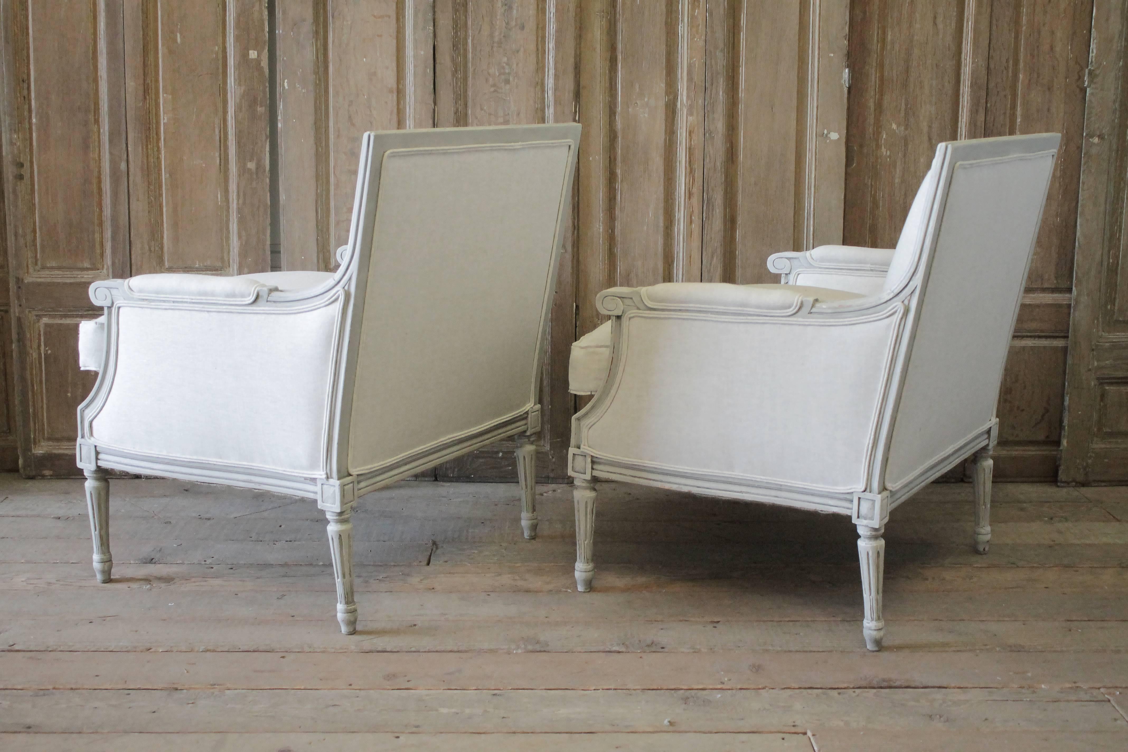 Pair of 20th Century Painted and Upholstered Louis XVI Style Bergere Chairs 6
