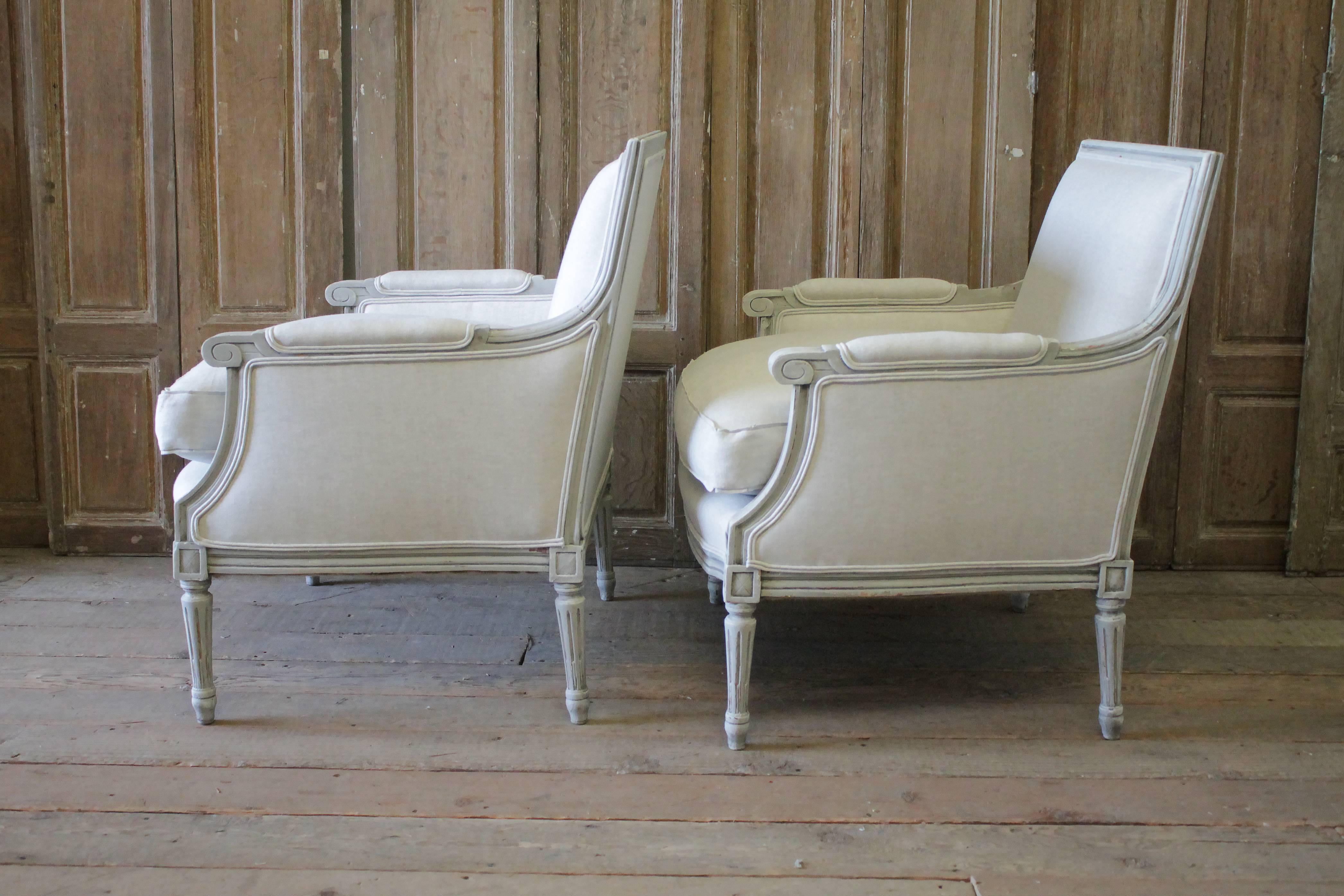 Pair of 20th Century Painted and Upholstered Louis XVI Style Bergere Chairs 7