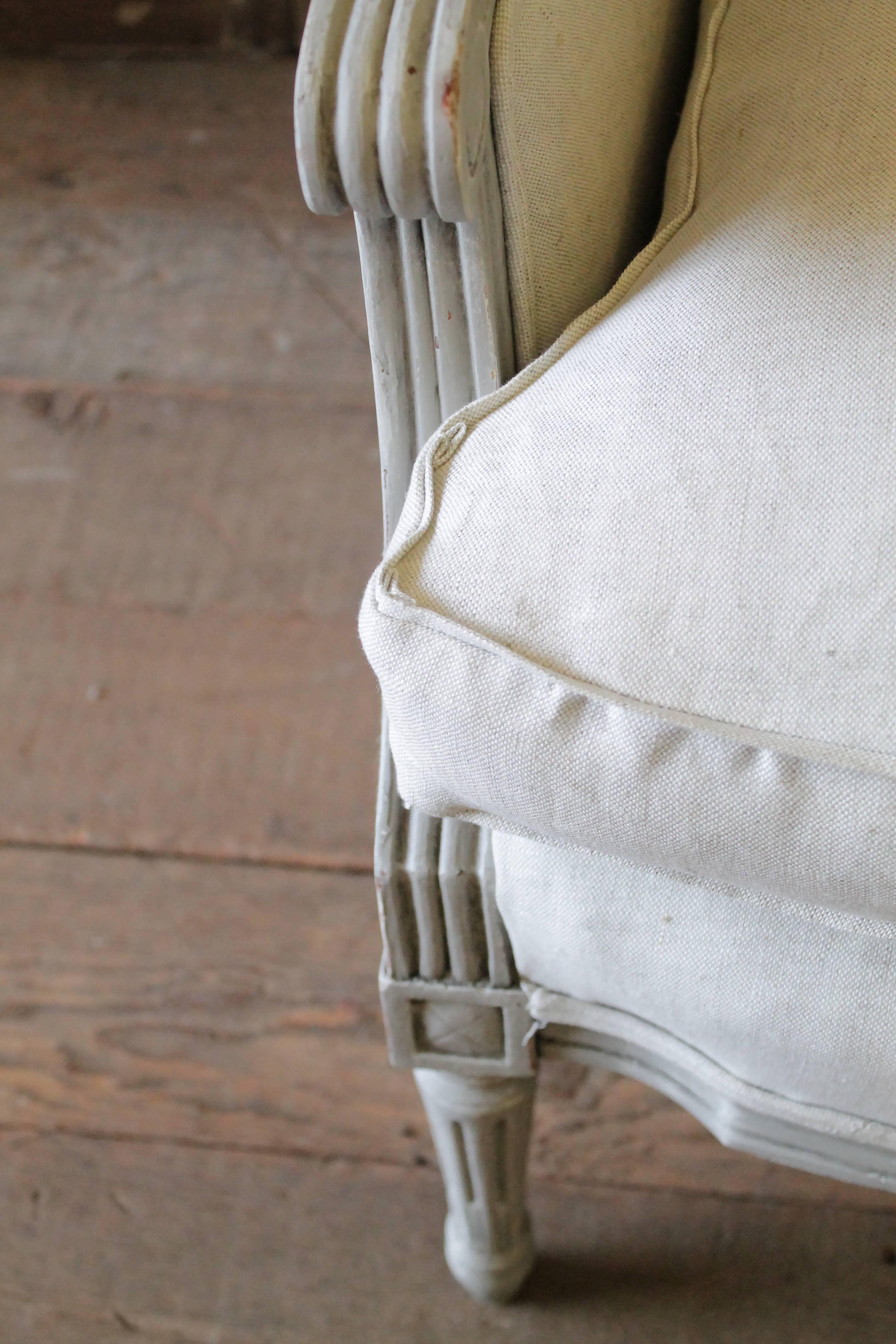 Italian Pair of 20th Century Painted and Upholstered Louis XVI Style Bergere Chairs