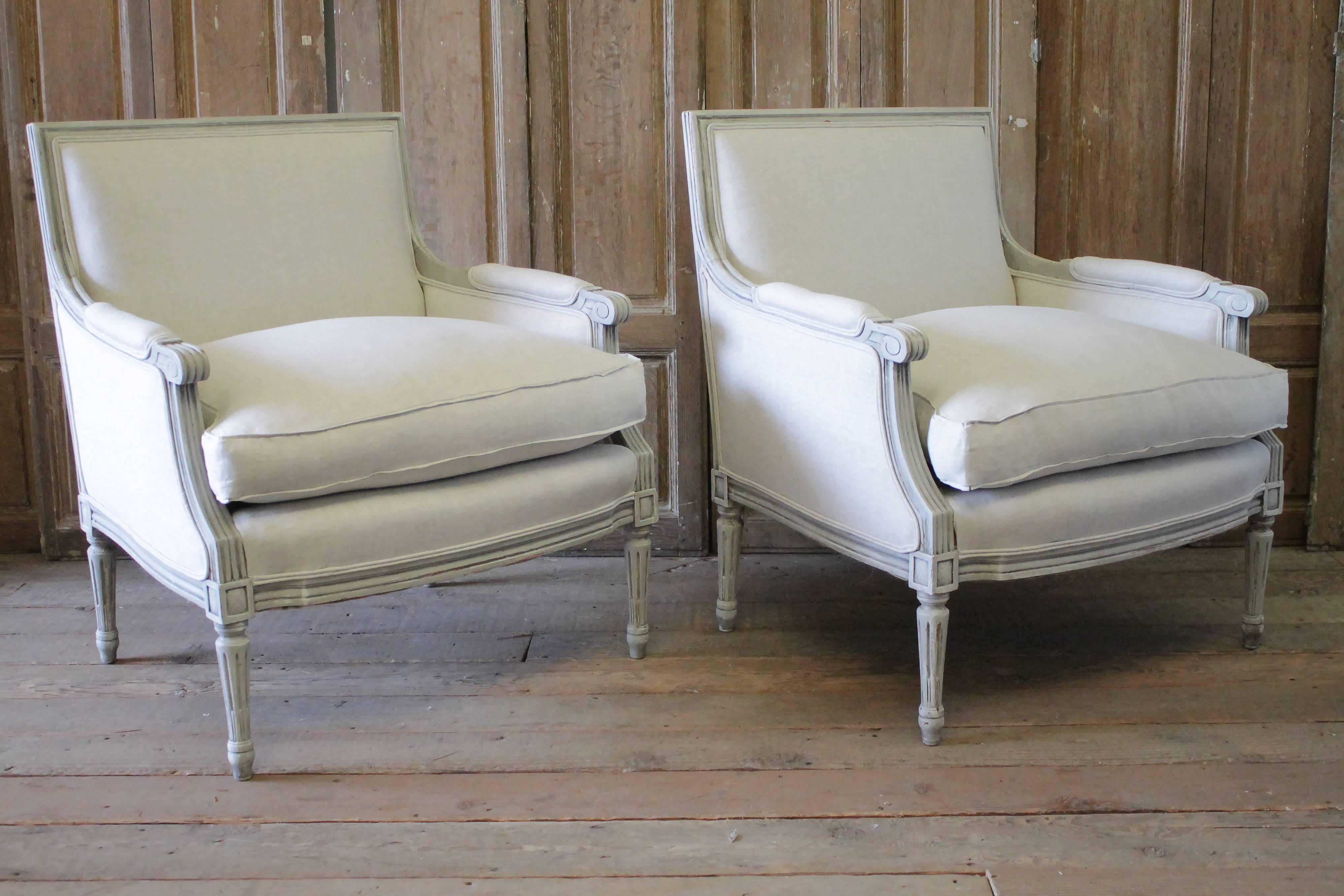Upholstery Pair of 20th Century Painted and Upholstered Louis XVI Style Bergere Chairs