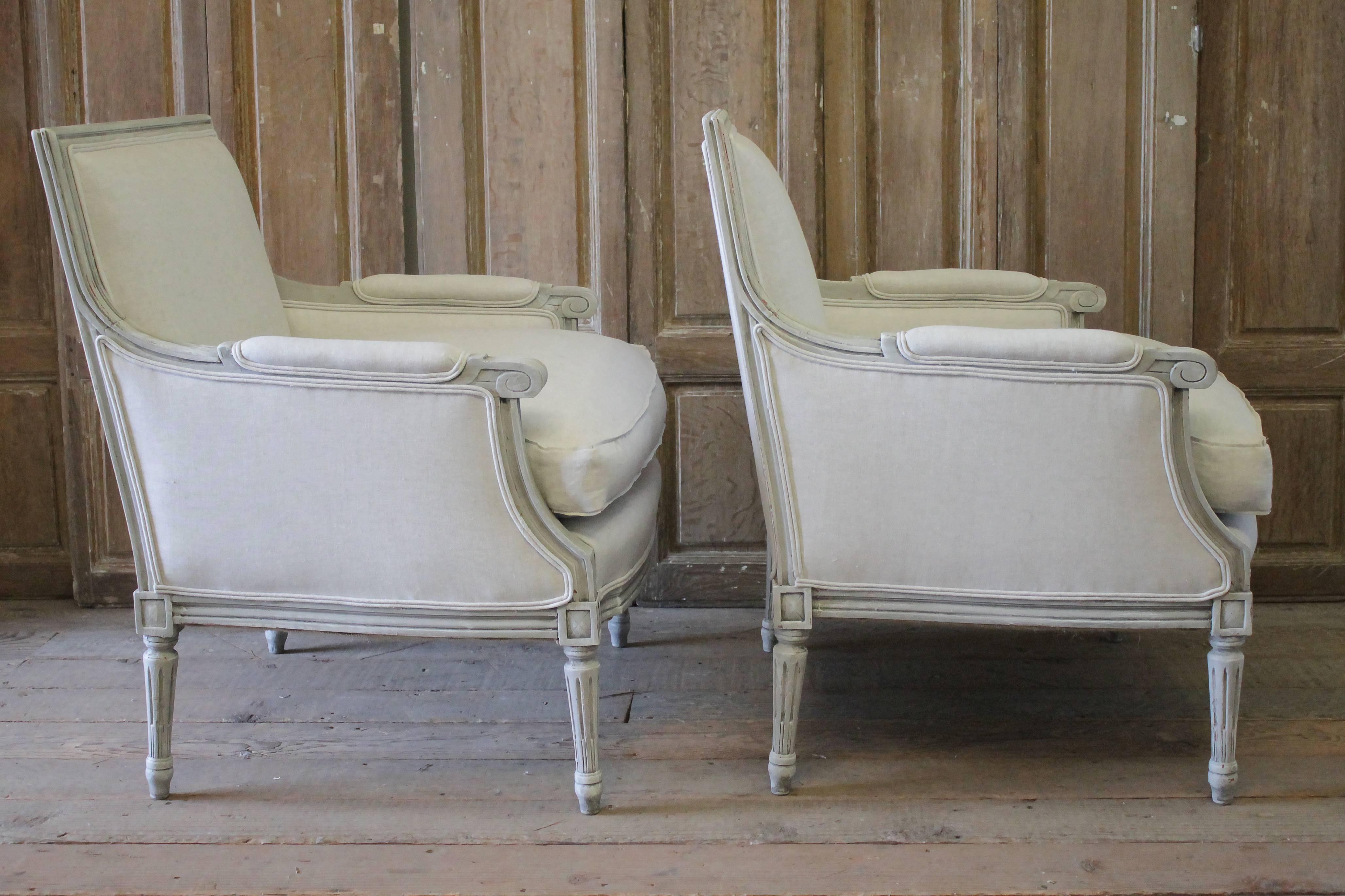 Pair of 20th Century Painted and Upholstered Louis XVI Style Bergere Chairs 2
