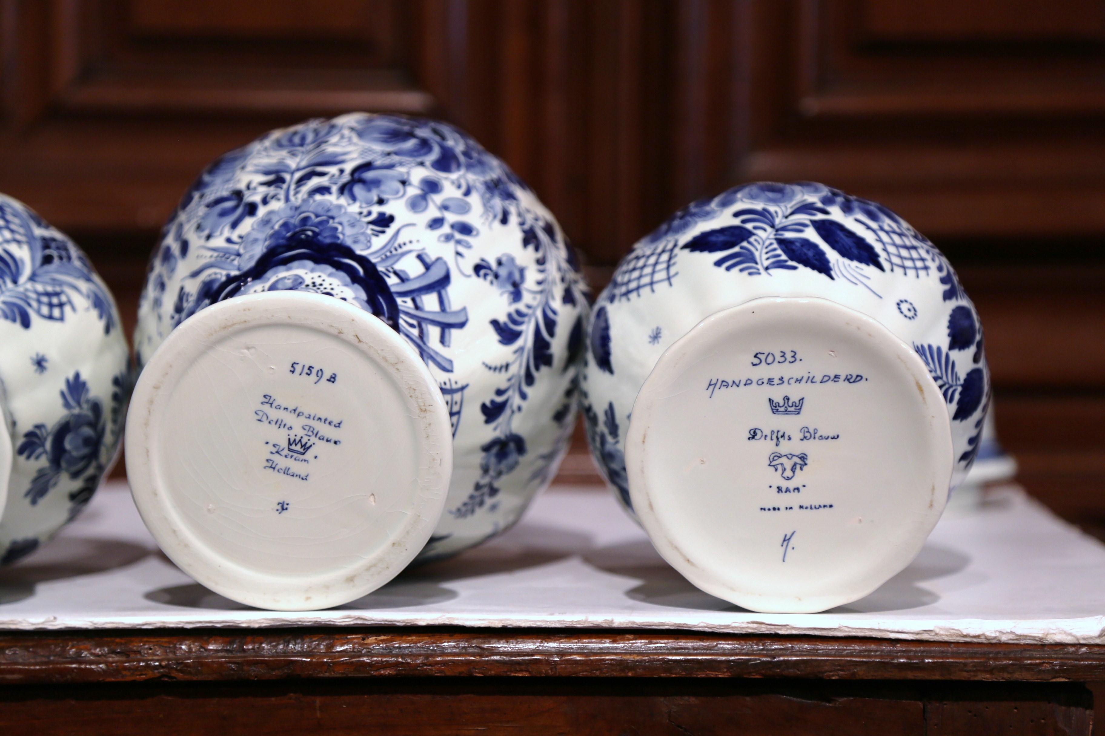 Pair of 20th Century Painted Blue and White Delft Vases and Matching Ginger Jar 4