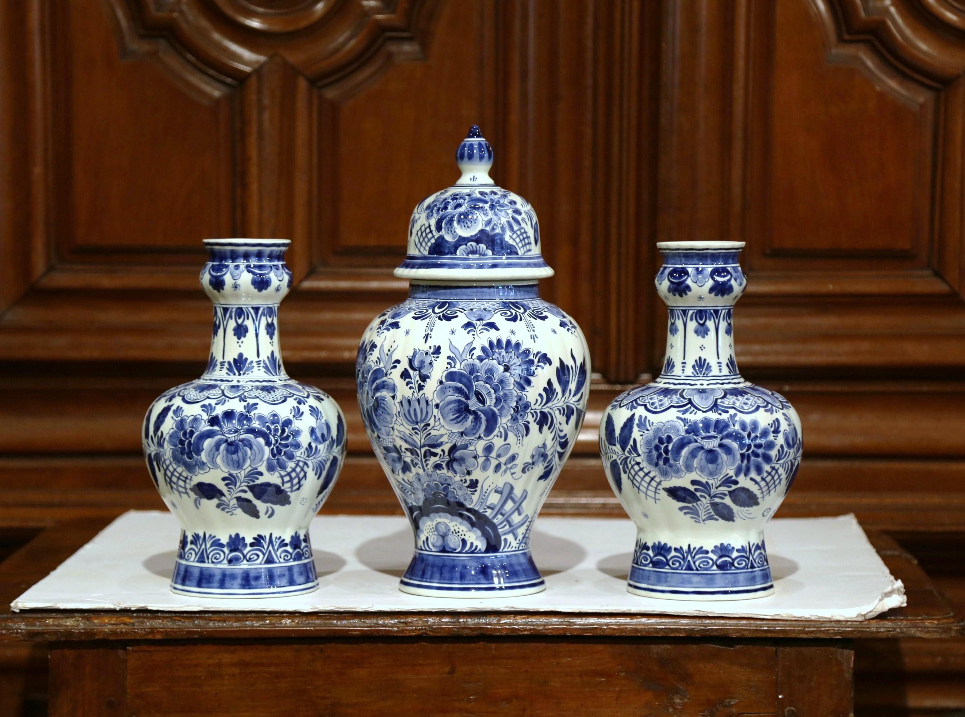 Faience Pair of 20th Century Painted Blue and White Delft Vases and Matching Ginger Jar