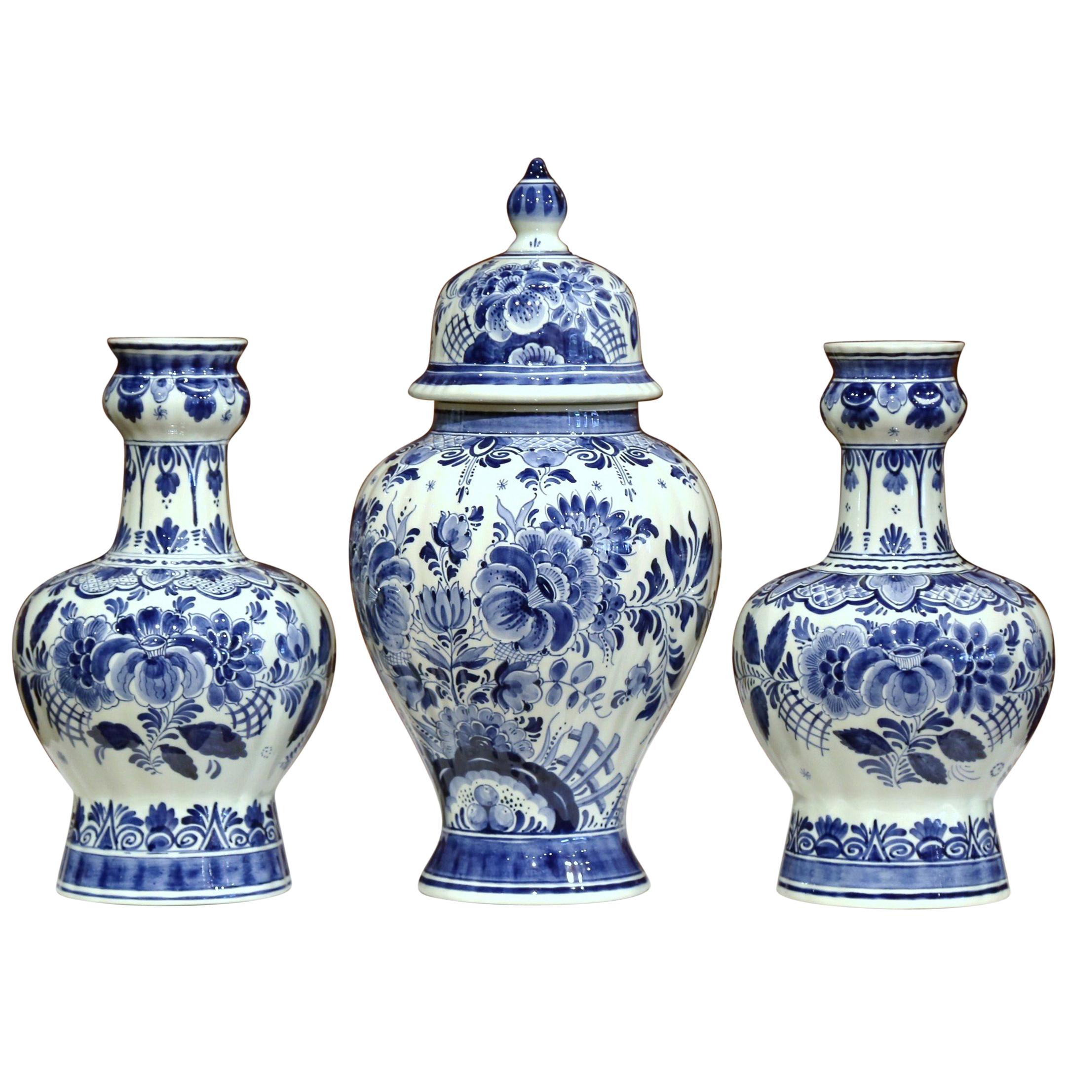Pair of 20th Century Painted Blue and White Delft Vases and Matching Ginger Jar