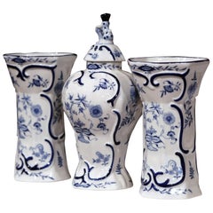 Vintage Pair of 20th Century Painted Blue and White Delft Vases and Matching Ginger Jar