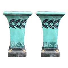 Pair of 20th Century Painted Green Tole Urns